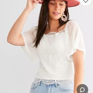 Willow + Root White Lace Front Semi Sheer Sleeve Blouse